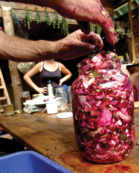 Stuffing shredded and salted vegetables into a jar. Keep stuffing until vegetables are submerged.
